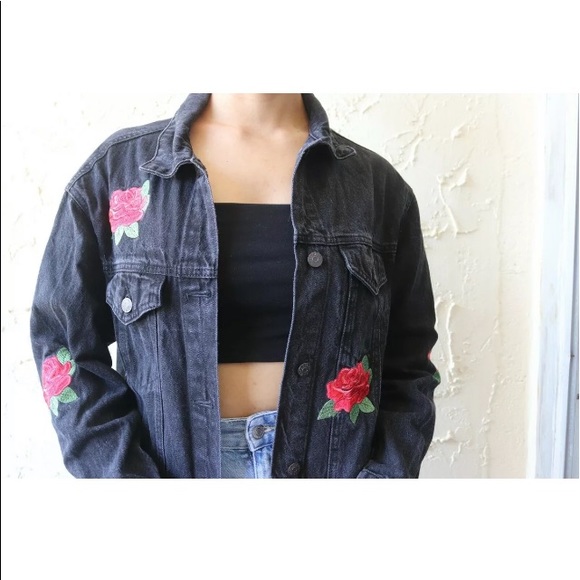 CELLO Made4You Size SMALL Rose Embroidered Denim Black Jean Jacket $74 NEW - Picture 4 of 16